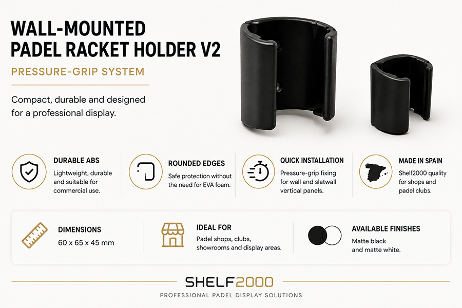 the Shelf2000 wall-mounted padel racket holder V2 with pressure-grip system, rounded edges and durable ABS construction.